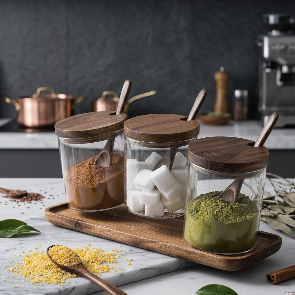 Novalorocosh Premium Glass Seasoning Jars with Airtight Acacia Lids and Integrated Spoons – High-End Spice Containers for Salt, Sugar, and Herbs (Set of 3)