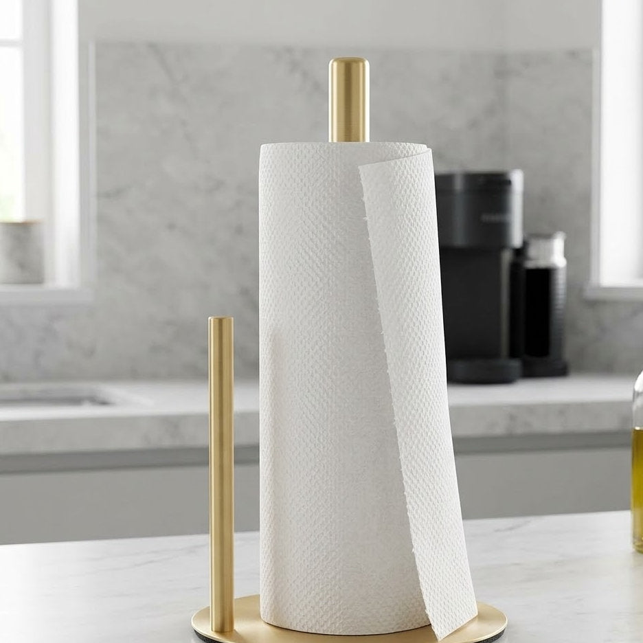 Novalorocosh Vertical Paper Towel Holder for Kitchen, Heavy Duty Brushed Metal Roll Stand with Non-Slip Base