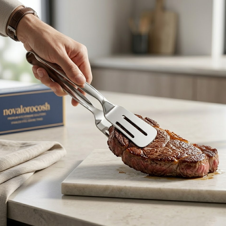 Novalorocosh 304 Stainless Steel Kitchen Tongs, Professional Slotted Spatula Tongs for Frying Fish, Steaks, and Grilling