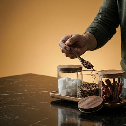 Novalorocosh Premium Glass Seasoning Jars with Airtight Acacia Lids and Integrated Spoons – High-End Spice Containers for Salt, Sugar, and Herbs (Set of 3)