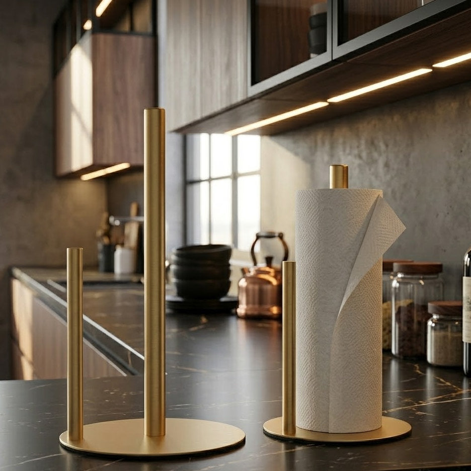 Novalorocosh Vertical Paper Towel Holder for Kitchen, Heavy Duty Brushed Metal Roll Stand with Non-Slip Base
