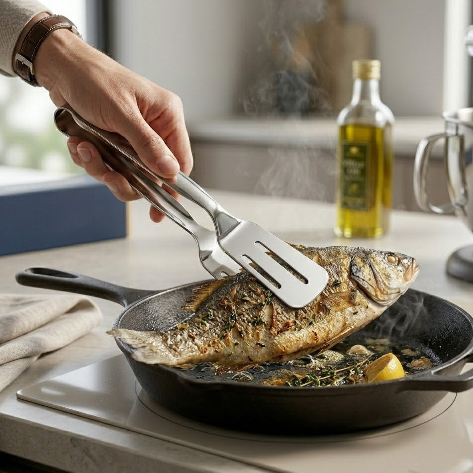 Novalorocosh 304 Stainless Steel Kitchen Tongs, Professional Slotted Spatula Tongs for Frying Fish, Steaks, and Grilling