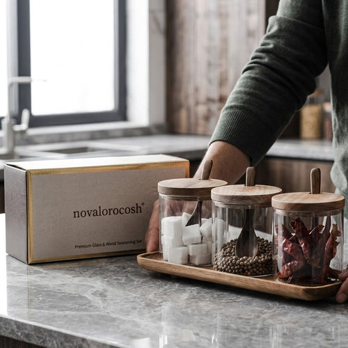 Novalorocosh Premium Glass Seasoning Jars with Airtight Acacia Lids and Integrated Spoons – High-End Spice Containers for Salt, Sugar, and Herbs (Set of 3)