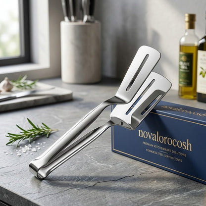 Novalorocosh 304 Stainless Steel Kitchen Tongs, Professional Slotted Spatula Tongs for Frying Fish, Steaks, and Grilling