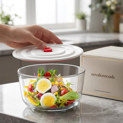 Novalorocosh Round Glass Lunch Box with Sealed Leak-Proof Lid, Microwave Safe & Heat-Resistant Meal Prep Container
